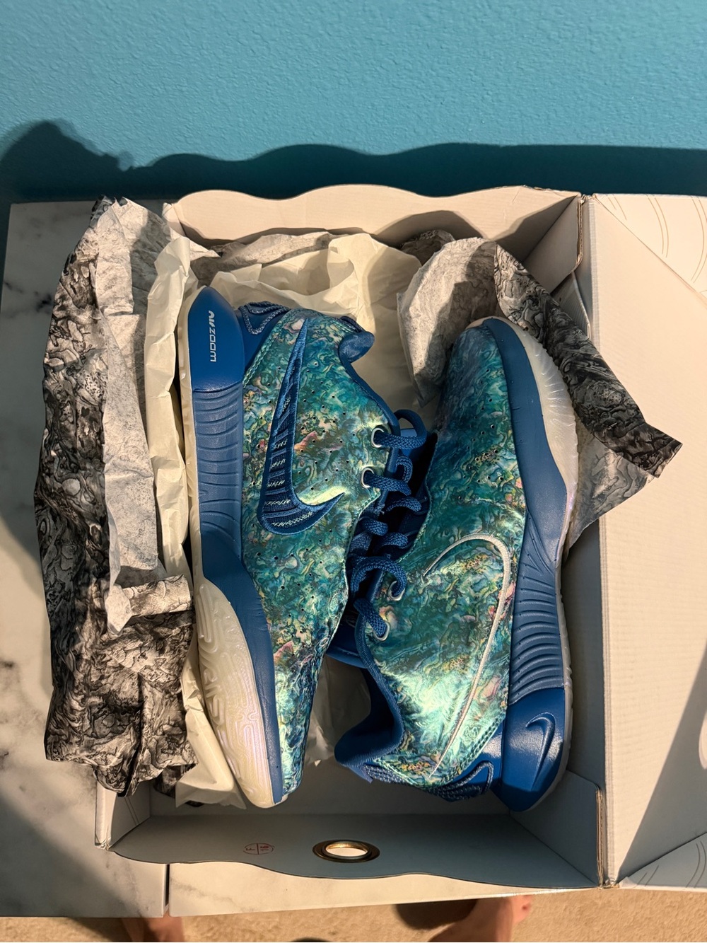 Mens Teal/Blue Abalone pearl Marble Pattern Sneakers